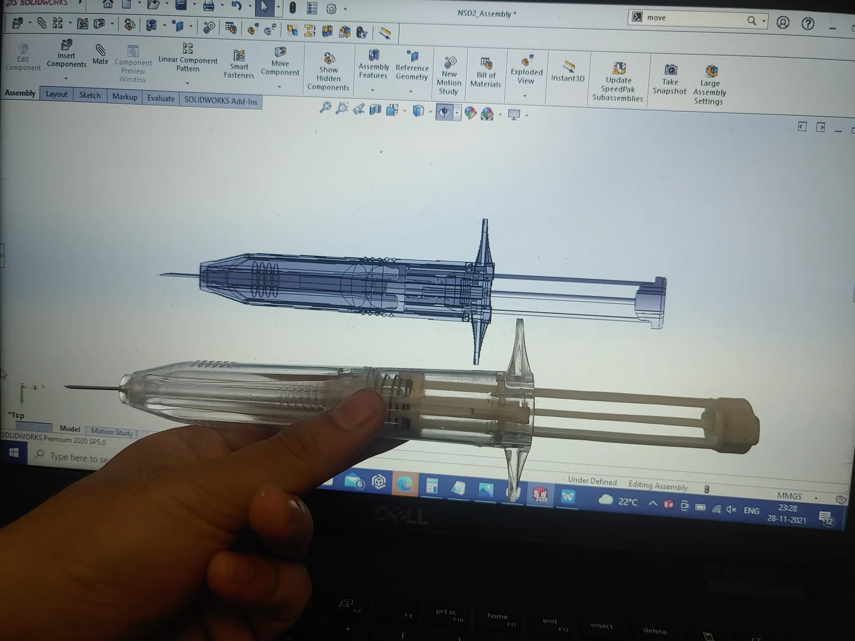 3D printed working prototype using DLP, SLA and SLS 3D printing to replicate injection-moulded plastic behaviour. Transparent parts are DLP printed, with lots of fine finishing and glossy lacquer.